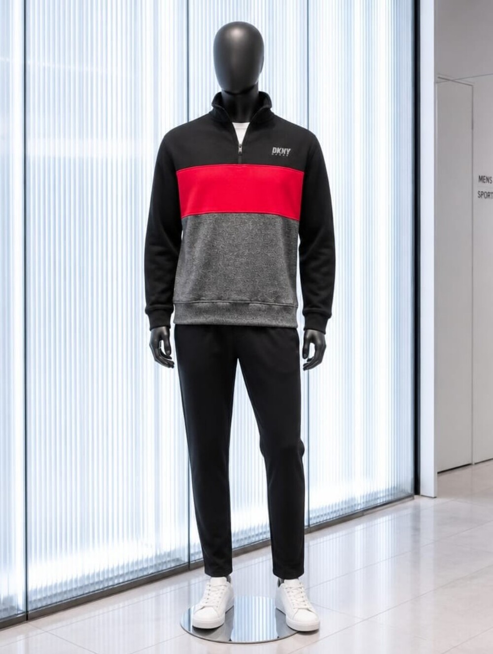 DKNY Colorblock Half-Zip Pullover in Black, Red & Gray